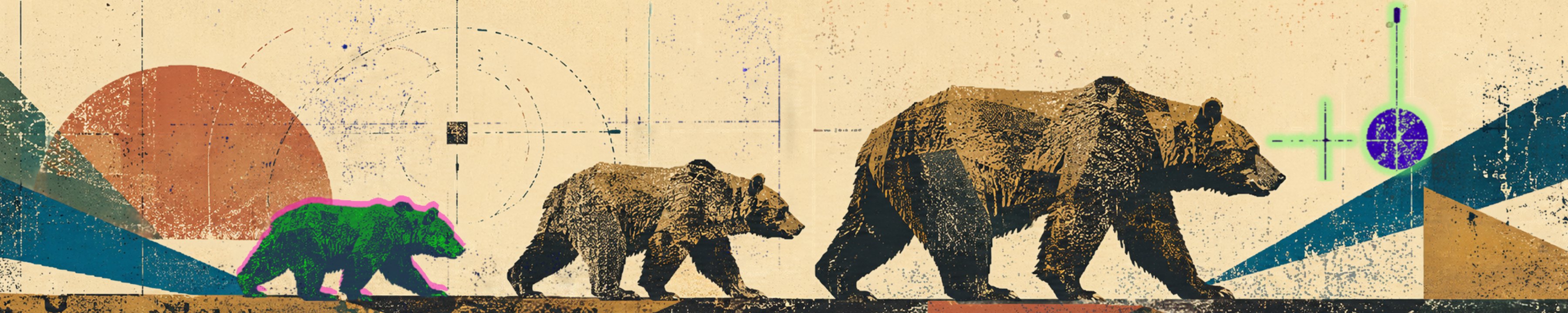 A bear leads two smaller bears across a screen-printed northern landscape