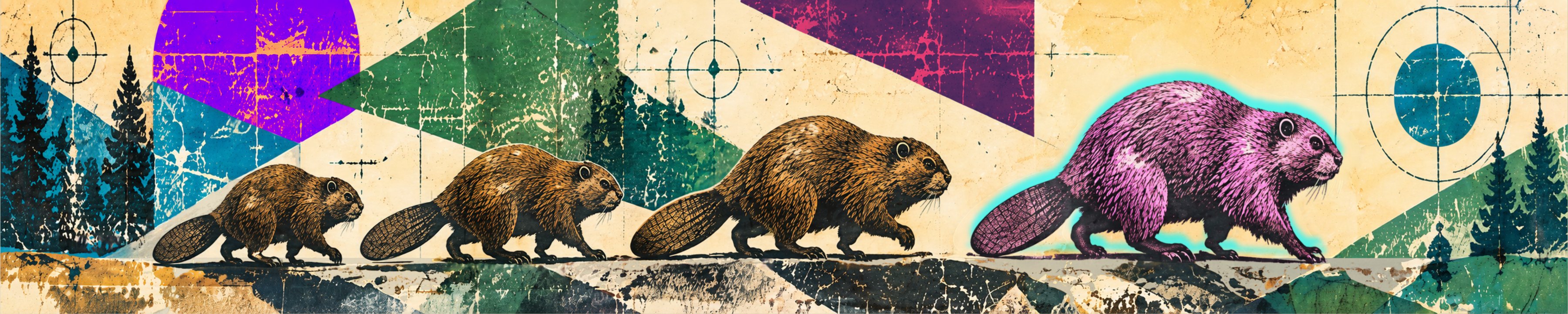 Four beavers walking in line across a screen-printed landscape