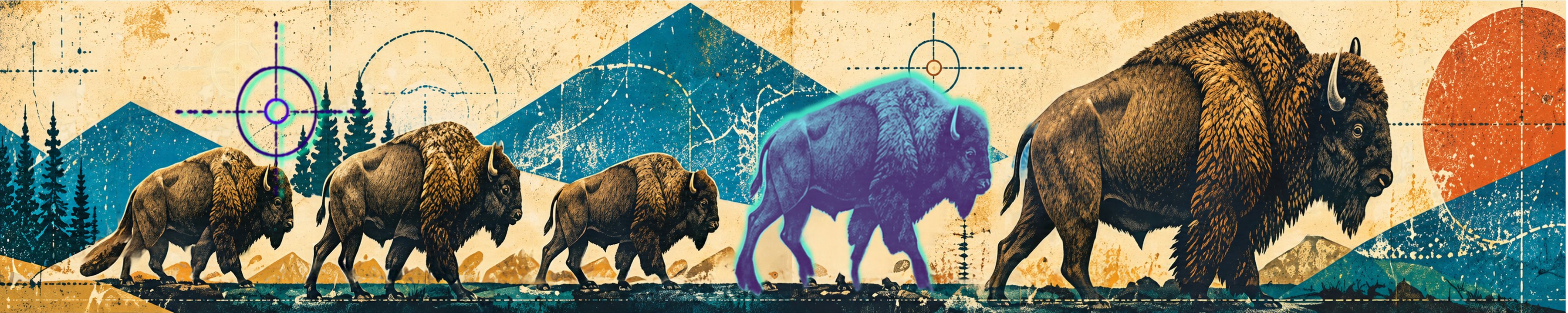 A herd of bison walking in line across a screen-printed landscape
