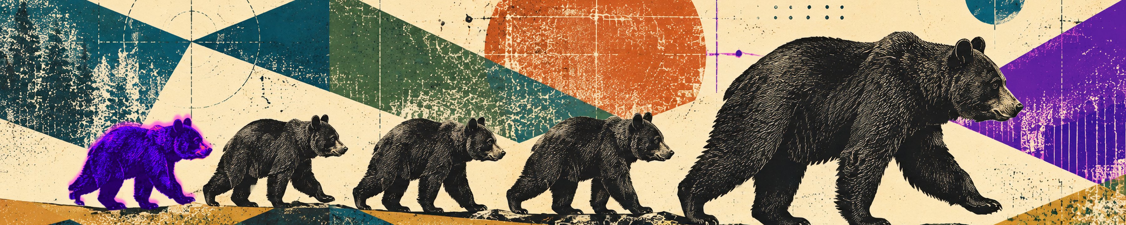A black bear leads four smaller bears across a screen-printed landscape