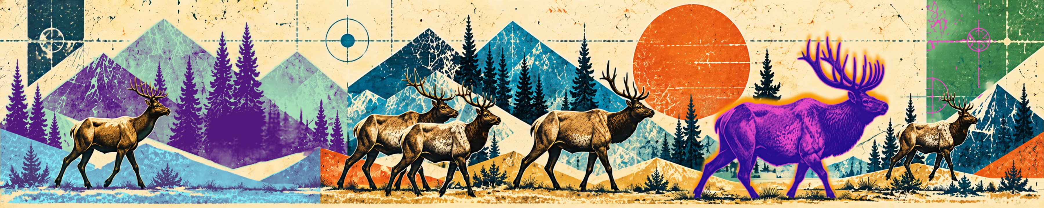 A herd of elk crossing a screen-printed mountain landscape