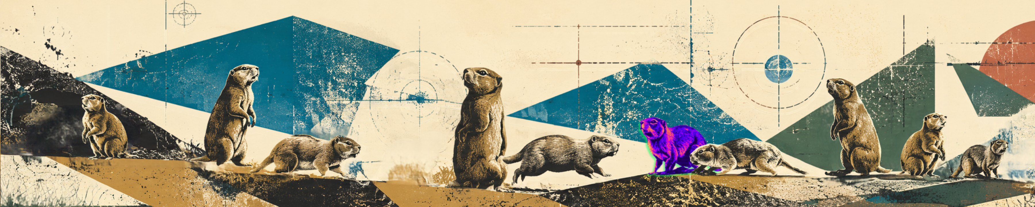 Ground squirrels standing watch across a screen-printed landscape