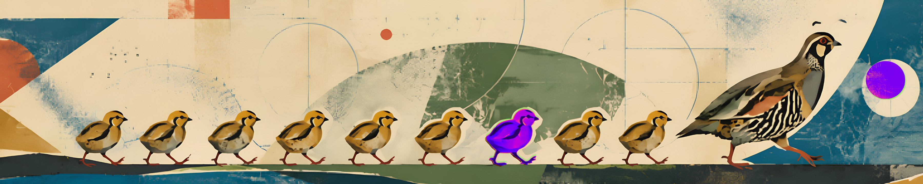 A partridge leads a line of chicks across a screen-printed landscape