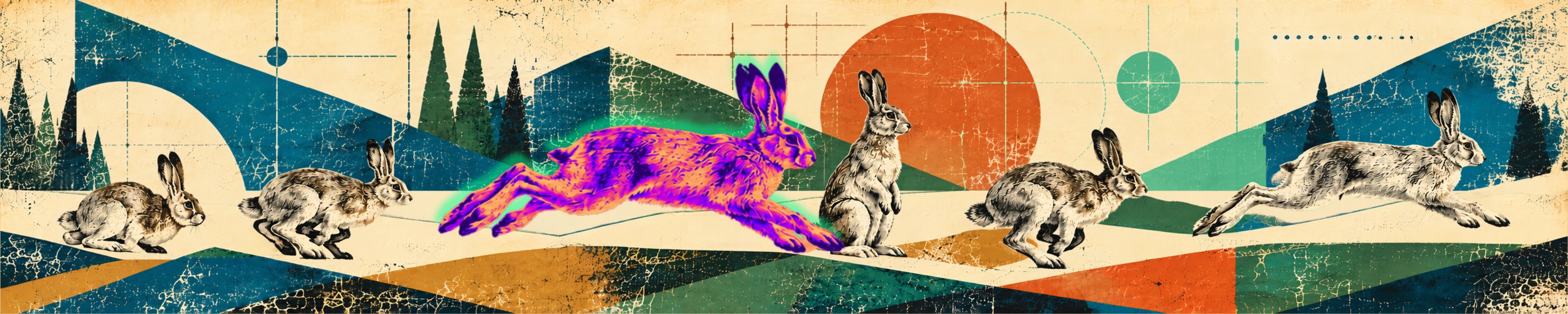 Hares running across a screen-printed landscape