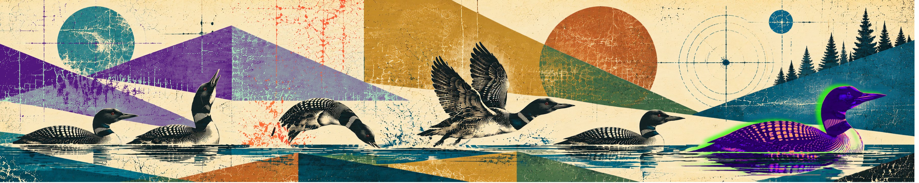 Loons on a screen-printed lake, one of them taking off