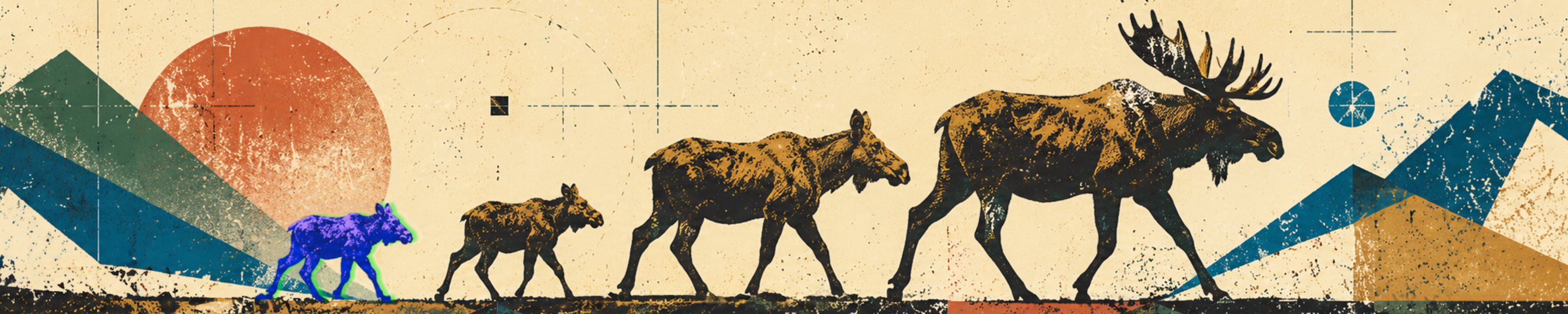 A bull moose leads three smaller moose across a screen-printed northern landscape