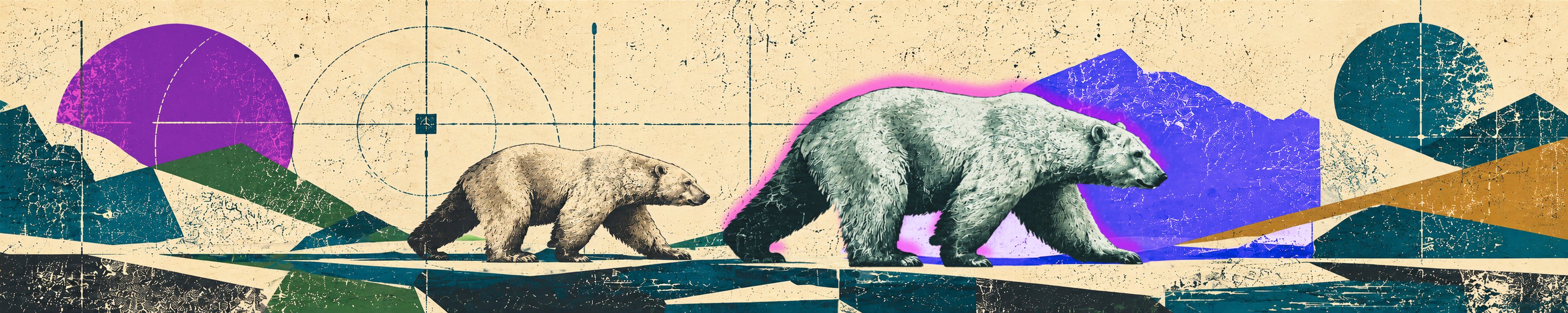 Two polar bears walking across a screen-printed northern landscape