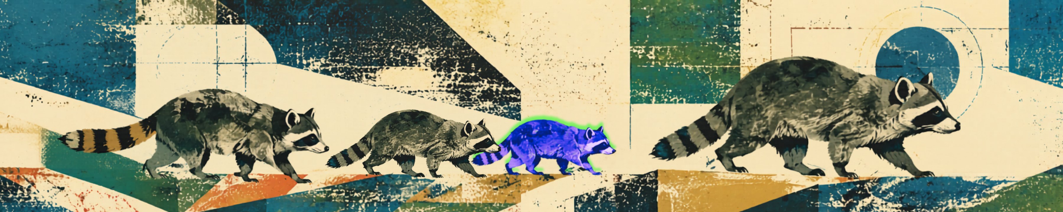 Four raccoons walking in line across a screen-printed landscape, the largest in front