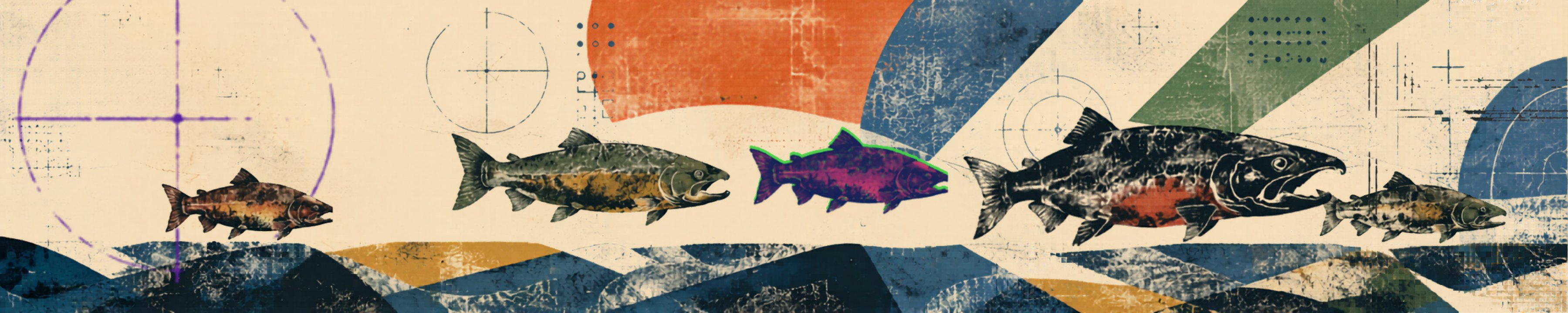 Salmon swimming in a line above screen-printed waves