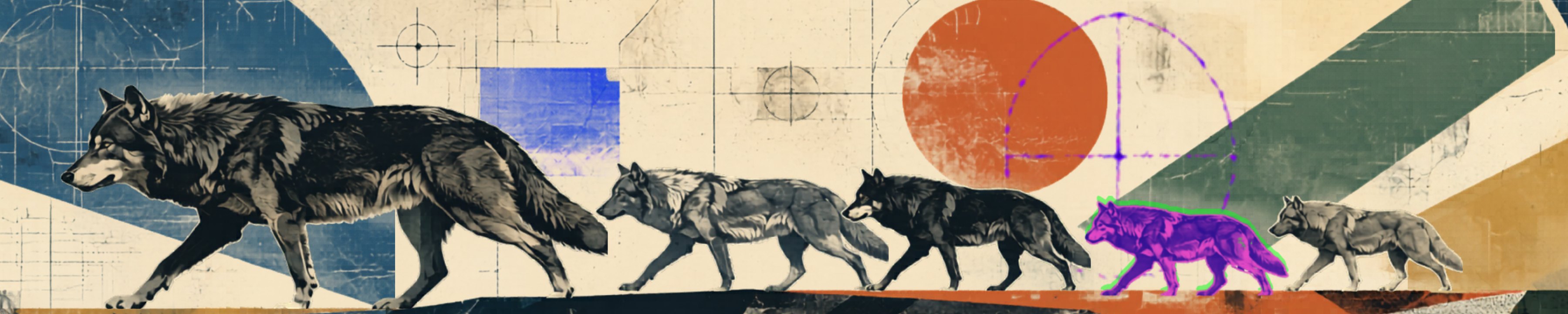 Five wolves travelling in line across a screen-printed landscape, the largest in front